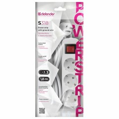 Удлинитель сетевой DEFENDER S318, 3 розетки c заземлением, выключатель, 10А, длина 1,8 м, белый, 99233 - фото 5