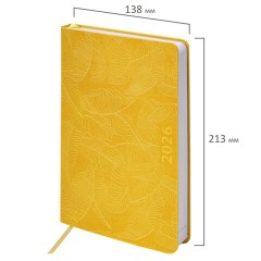Ежедневник датированный 2026 А5 138x213 мм, BRAUBERG "Foliage", под кожу, гибкий, желтый, 117130 - фото 2