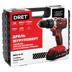 Дрель-шуруповерт аккумуляторная УДАРНАЯ 21 В, Li-ion 2х1,5 Ач, 30 Нм, 25 предметов оснастки в комплекте, кейс, DRET (ДРЕТ) ДША-21-2У, 671513 - фото 2