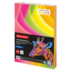 Бумага цветная BRAUBERG, А4, 75 г/м2, 250 л. (5 цветов х 50 листов), НЕОН, для офисной техники, 116668