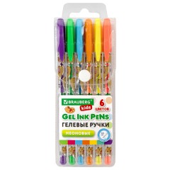 Ручки гелевые НЕОНОВЫЕ BRAUBERG KIDS "CUTE ANIMALS", НАБОР 6 ЦВЕТОВ, корпус с печатью, узел 1 мм, линия письма 0,7 мм, 144442