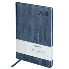 Еженедельник датированный 2026 БОЛЬШОЙ ФОРМАТ 210х297 мм, А4 BRAUBERG "Wood", под кожу, синий, 117158