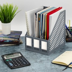 Лоток вертикальный для бумаг BRAUBERG "Office-Expert", 215 мм, 3 отделения, сборный, серый, 238018 - фото 8