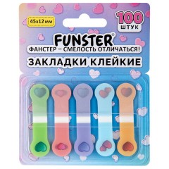 Закладки клейкие Z-сложения FUNSTER (ФАНСТЕР) "Сердечки", 45х12 мм, 100 шт. (5 цветов х 20 листов), в диспенсере, 116704