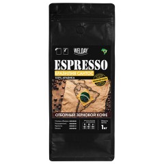 Кофе в зернах WELDAY (ВЭЛДЭЙ) "ESPRESSO БРАЗИЛИЯ САНТОС" 1 кг, арабика 100%, 624401