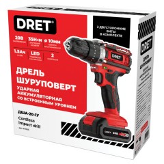 Дрель-шуруповерт аккумуляторная УДАРНАЯ 20 В, Li-ion 1х1,5 Ач, 35 Нм, 2 БИТЫ в подарок, DRET (ДРЕТ) ДША-20-1У, 671505 - фото 2