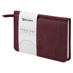 Еженедельник датированный 2026 МАЛЫЙ ФОРМАТ 95х155 мм, А6, BRAUBERG "Wood", под кожу, бордо, 117196