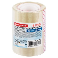 Клейкие ленты 19 мм х 33 м канцелярские BRAUBERG, КОМПЛЕКТ 4 шт., прозрачные, гарантированная длина, 228762