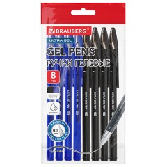 Ручки гелевые BRAUBERG "ULTRA GEL", НАБОР 8 ШТУК (4 СИНИХ, 4 ЧЕРНЫХ), стандартный наконечник 0,5 мм, линия 0,35 мм, 144280