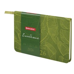 Еженедельник датированный 2026 МАЛЫЙ ФОРМАТ 95х155 мм, А6, BRAUBERG "Foliage", под кожу, зеленый, 117198