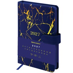 Ежедневник датированный 2027, А5, 138x213 мм, BRAUBERG "Goldy", под кожу, цветной срез, синий, 117897
