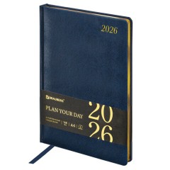 Ежедневник датированный 2026 БОЛЬШОЙ ФОРМАТ 210х297 мм, А4, BRAUBERG "Iguana", под кожу, синий, 117245