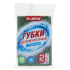 Губки для посуды 95x65х20 мм, ЦЕЛЛЮЛОЗНЫЕ + АБРАЗИВ, КОМПЛЕКТ 2 штуки, желтые/зеленый абразив, LAIMA, 700256 - фото 2