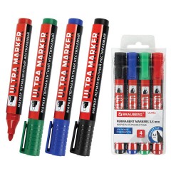 Маркеры перманентные BRAUBERG ULTRA MARKER, НАБОР 4 ЦВЕТА, круглый наконечник 3,5 мм, 152208