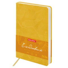 Ежедневник датированный 2026 А5 138x213 мм, BRAUBERG "Foliage", под кожу, гибкий, желтый, 117130