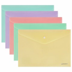 Папка-конверт с кнопкой А4, КОМПЛЕКТ 5 шт., пастельные цвета ассорти, BRAUBERG "PASTEL", 0,18 мм, 272866 - фото 2