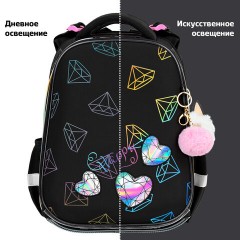 Ранец BRAUBERG LUMINOUS, 2 отделения, с брелоком, "Бриллианты", СВЕТЯЩИЙСЯ РИСУНОК, 38х29х16 см, 272070 - фото 12