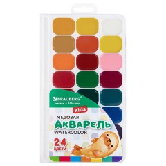 Краски акварельные BRAUBERG KIDS NEW, медовые, 24 цвета, квадратные кюветы, пластиковый пенал с европодвесом, 192797