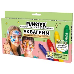 Аквагрим для лица и тела, 12 цветов (10 классических + золото + серебро), 10 трафаретов, FUNSTER (ФАНСТЕР), 192572 - фото 2