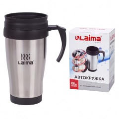 Автокружка 400 мл, термостакан с ручкой, винтовая крышка-клапан, пластик/сталь, серебро, LAIMA, 605126