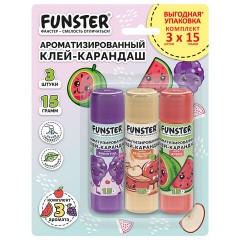 Клей-карандаш ароматизированный FUNSTER (ФАНСТЕР), яблоко, арбуз, виноград, 15 г, ВЫГОДНАЯ УПАКОВКА, 3 штуки на блистере, 274270