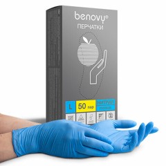 Перчатки нитриловые смотровые 50 пар (100 шт.), размер L, голубые BENOVY Nitrile Chlorinated, ЧЗ, К Перчатки нитриловые смотровые 50 пар (100 шт.), размер L, голубые BENOVY Nitrile Chlorinated, ЧЗ, К - фото 2