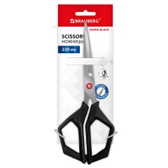 Ножницы BRAUBERG "Super black" 220 мм, черные, 3-сторонняя заточка, ручки из ABS-пластика, 238855