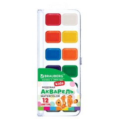 Краски акварельные BRAUBERG KIDS NEW, медовые, 12 цветов, квадратные кюветы, пластиковый пенал с европодвесом, 192796