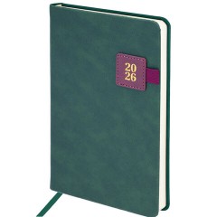 Ежедневник датированный 2026 А5 138х213 мм, BRAUBERG "Accent", под кожу, держатель, зеленый/бордо, 117387