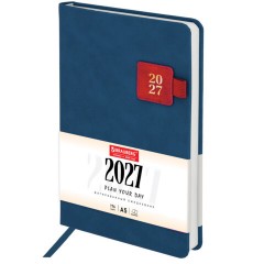 Ежедневник датированный 2027, А5, 138х213 мм, BRAUBERG "Accent" под кожу, держатель, синий/красный, 118007