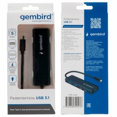 Хаб USB 3.1, 2xUSB, 2xType-C, с дополнительным питанием (Type-C), кабель Type-C 19 см, черный, GEMBIRD UHB-C425 Хаб USB 3.1, 2xUSB, 2xType-C, с дополнительным питанием (Type-C), кабель Type-C 19 см, черный, GEMBIRD UHB-C425 - фото 3