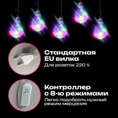 Электрогирлянда-нить комнатная 3 м, 100 LED, с насадками, вид: "Лампочки", мультицветная, ЗОЛОТАЯ СКАЗКА, 592473 - фото 11