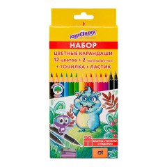 Карандаши цветные ЮНЛАНДИЯ "МОНСТРИК", 12 цветов + 2 чернографитных карандаша + ЛАСТИК + ТОЧИЛКА, шестигранные, натуральное дерево, 181690