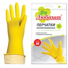 Перчатки МНОГОРАЗОВЫЕ латексные ЛЮБАША "ЭКОНОМ", хлопчатобумажное напыление, размер 7-8, M (средний), желтые, вес 30 г, 603784