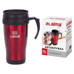 Автокружка 400 мл, термостакан с ручкой, винтовая крышка-клапан, пластик/сталь, красная, LAIMA, 605127