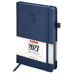 Ежедневник датированный 2027, А5, 138х213 мм, BRAUBERG "Plain", под кожу, резинка, держатель для ручки, синий, 118037
