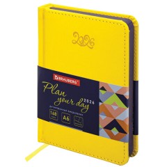 Ежедневник датированный 2026, МАЛЫЙ ФОРМАТ 100х150 мм, А6, BRAUBERG "Rainbow", под кожу, желтый, 117258