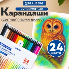 Карандаши цветные BRAUBERG, 24 цвета, шестигранные, грифель 3,3 мм, черное дерево, 181858 - фото 6