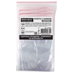 Пакеты ZIP LOCK "зиплок" ПРОЧНЫЕ, комплект 100 шт., 80х120 мм, ПВД, 60 мкм., BRAUBERG, 703076