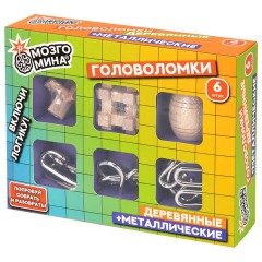 Головоломки металлические и деревянные, набор 6 штук, разные уровни сложности, МОЗГОМИНА, 666427 - фото 3