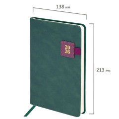 Ежедневник датированный 2026 А5 138х213 мм, BRAUBERG "Accent", под кожу, держатель, зеленый/бордо, 117387 - фото 2