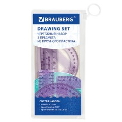 Набор чертежный BRAUBERG (линейка 15 см, треугольник, транспортир), фиолетовый, блестки, прозрачный, пенал, 210891