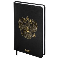 Ежедневник датированный 2027, А5, 138х213 мм, BRAUBERG "State", под кожу, черный, 118044