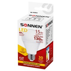 Лампа светодиодная SONNEN, 15 (130) Вт, цоколь Е27, груша, теплый белый, 30000 ч, LED A65-15W-2700-E27, 454919 Лампа светодиодная SONNEN, 15 (130) Вт, цоколь Е27, груша, теплый белый, 30000 ч, LED A65-15W-2700-E27, 454919 - фото 5
