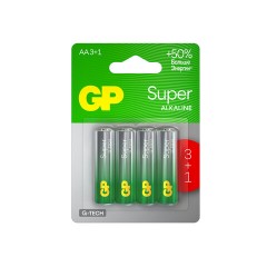 Батарейки КОМПЛЕКТ 4 шт., GP Super G-Tech, AA (LR6,15А), алкалиновые, пальчиковые, ПРОМО 3+1, 15A3/1-2CR4