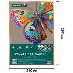 Бумага для пастели А4 в коробке, 40 листов, 10 цветов, 180 г/м2, BRAUBERG ART CLASSIC, 116349 - фото 2