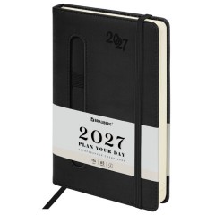 Ежедневник датированный 2027, А5, 138x213 мм, BRAUBERG "Optimal", под кожу, резинка, держатель для ручки, черный, 117938