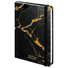 Ежедневник датированный 2026 с резинкой 145х203 мм, А5, BRAUBERG, твердый, фольга, "Черный мрамор", 117338