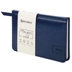 Еженедельник датированный 2026, МАЛЫЙ ФОРМАТ 95х155 мм, А6, BRAUBERG "Imperial", под кожу, синий, 117187