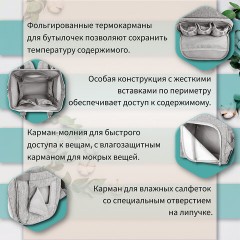 Рюкзак для мамы BRAUBERG MOMMY с ковриком, крепления на коляску, термокарманы, серый, 40x26x17 см, 270819 - фото 16